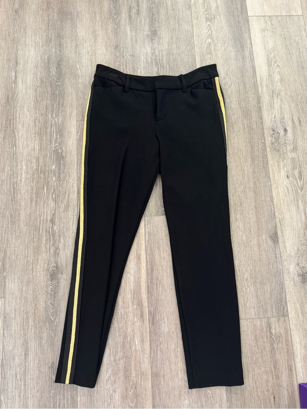 Old Navy Black Skinny Pants with Gold Shimmer Side Stripe Trim